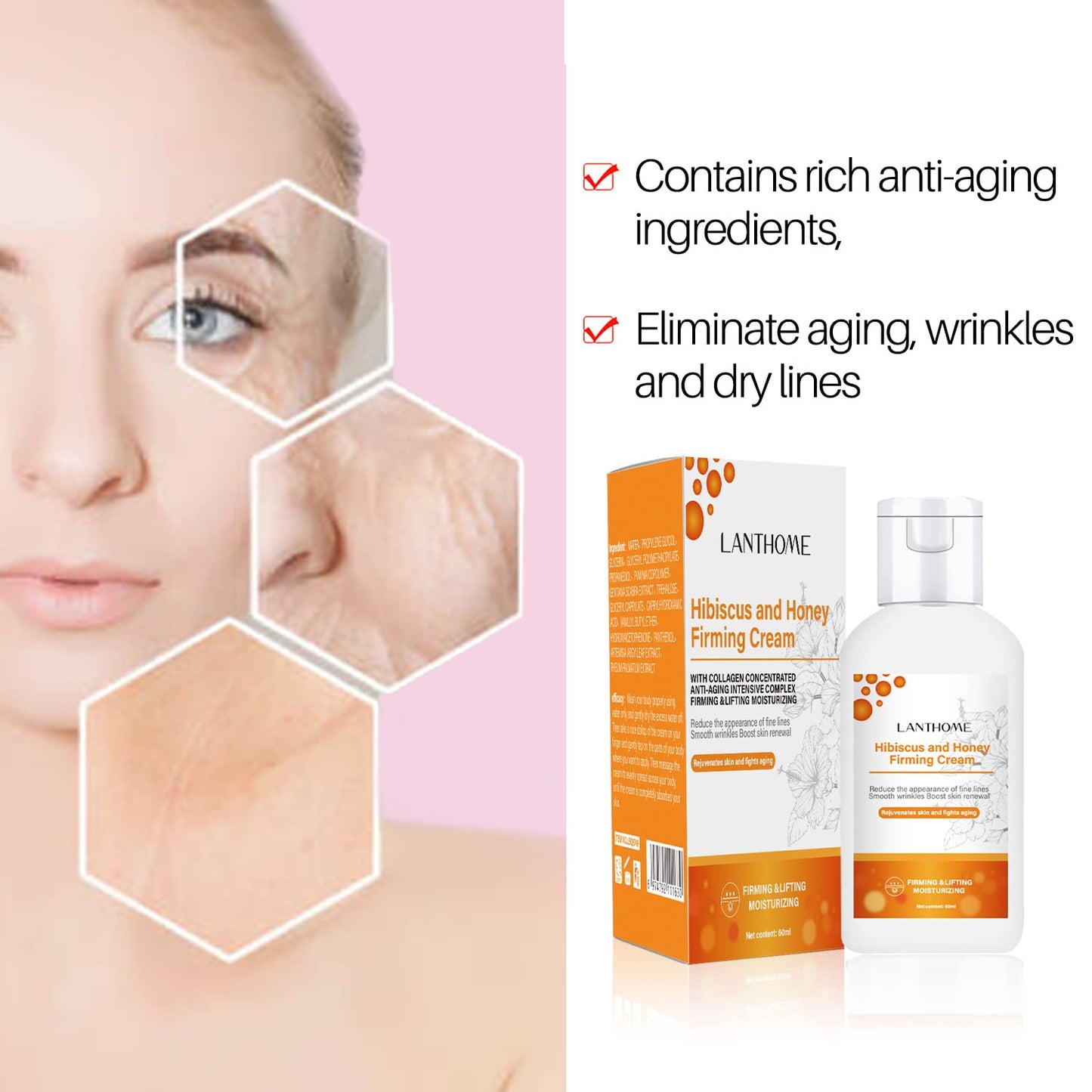 Hibiscus and Honey Firming Cream(60ML), Neck Firming Skin Tightening Cream With Collagen & Hyaluronic Acid, Reduces the Look of Neck Lines,Tightens,& Smooths