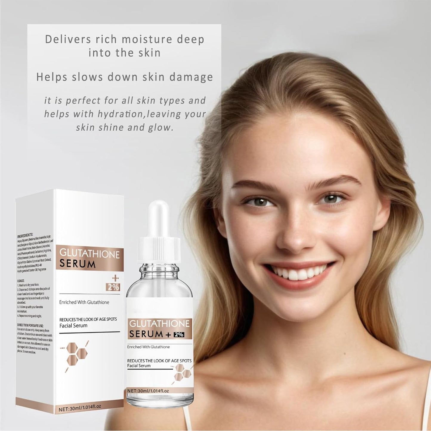 Glutathione Serum,20000ppm Glutathione and Hyaluronic Acid Korean Face Serums for Women Dark Spot Serum Improve Skin Elasticity Reduces Hyperpigmentation,Fine Lines & Wrinkles