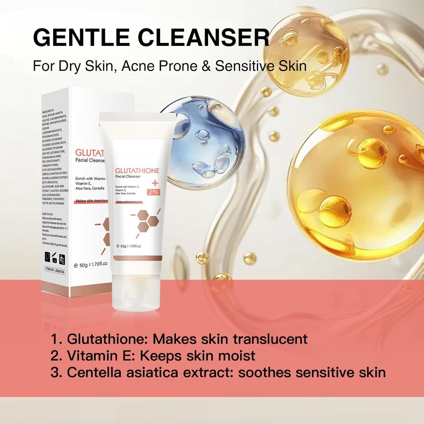 Glutathione Face Cleanser - Glutathione Face Wash With Aloe & Vitamin C, Hydrating Facial Cleanser Gentle Cleanse, Cleaning Pores, Moisturising Cleanser For Dry Skin, Acne Prone & Sensitive Skin