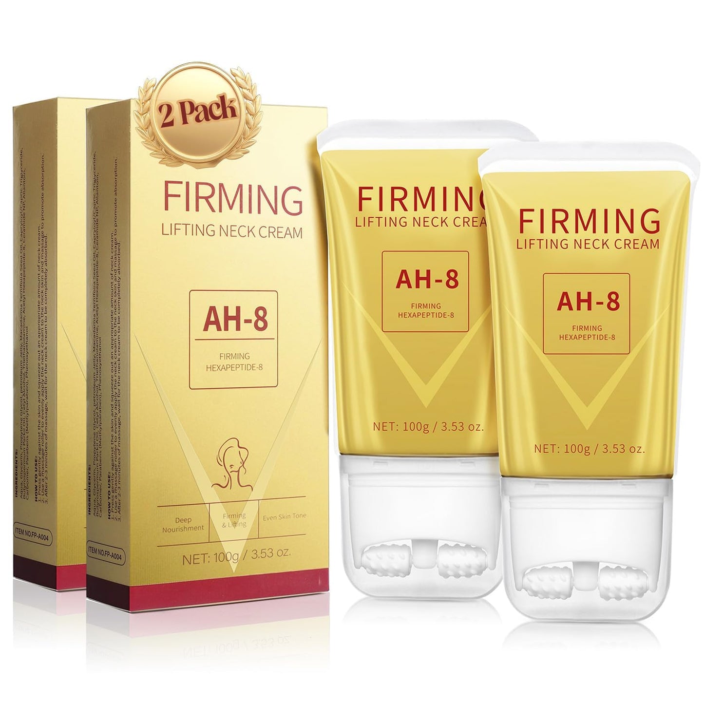 Mtmult AH-8 Firming Neck Cream - Neck Creams for Tightening and Firming - Anti-Aging Cream for Loose Skin with Roller Applicator - Effective for Neck & Body, Lifting Cream for Women & Men (2PC)