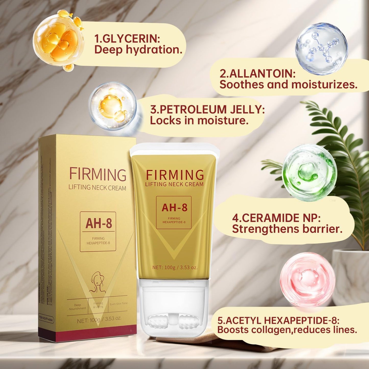 Mtmult AH-8 Firming Neck Cream - Neck Creams for Tightening and Firming - Anti-Aging Cream for Loose Skin with Roller Applicator - Effective for Neck & Body, Lifting Cream for Women & Men (2PC)