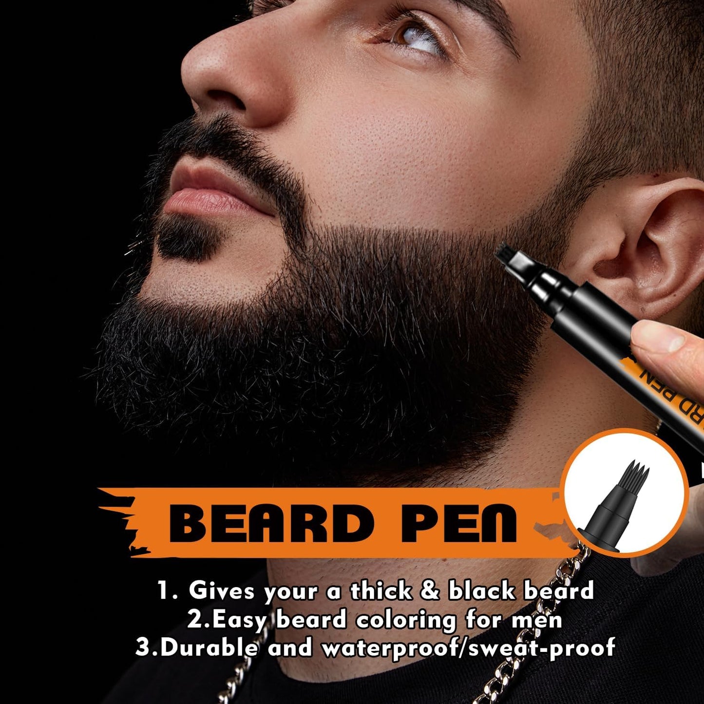 Beard Pencil Filler for Men (Black), Four-fork Tip Beard Styling Pen, Waterproof Sweat Proof Long Lasting Pencil for Men Father Gift