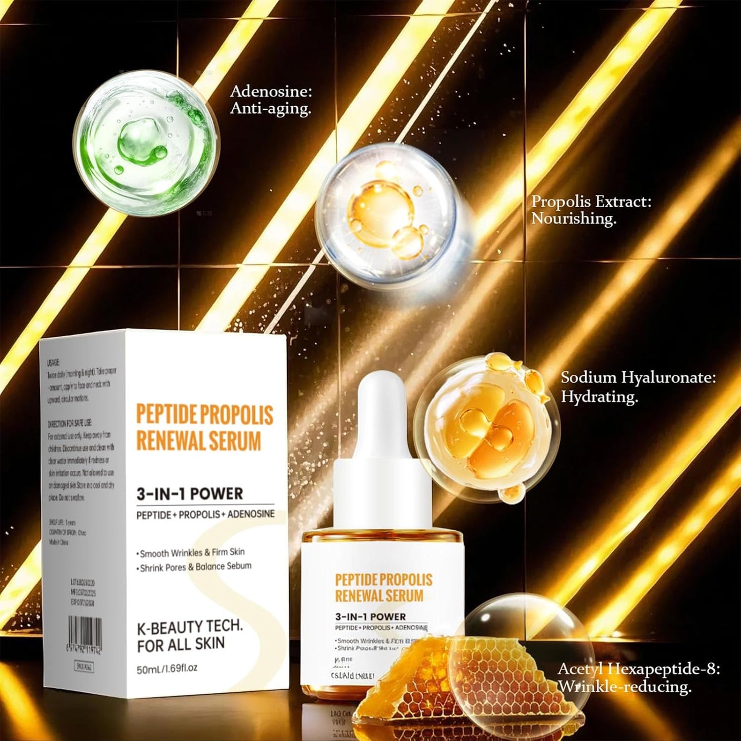 Peptide Propolis Renewal Serum, 2Pcs Peptide Propolis Serum for Face Anti Aging, Reduces Wrinkles & Fine Line, Boosts Skin Elasticity, Deep Moisturizing Nourishing for All Skin Types