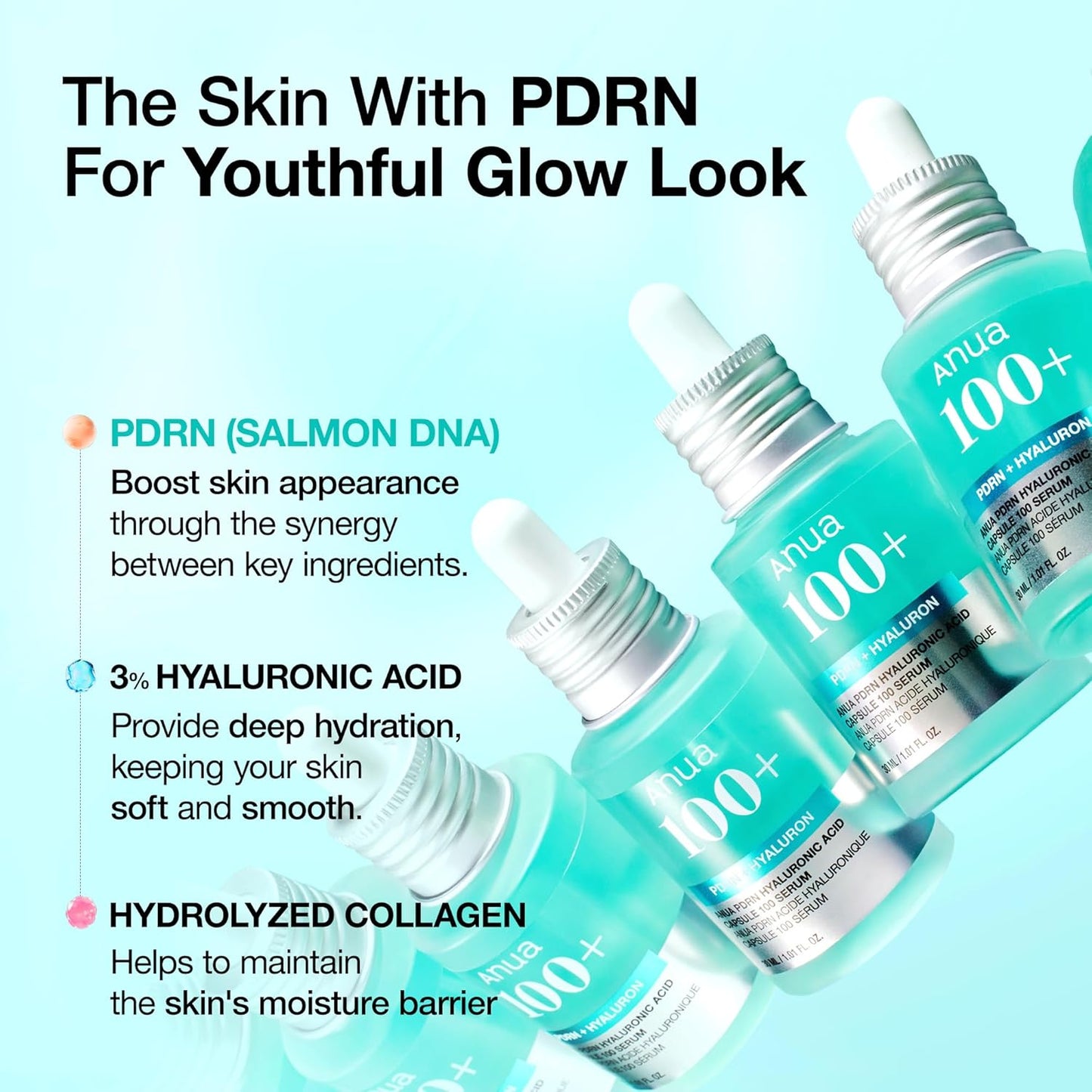Anua PDRN Hyaluronic Acid Capsule 100 Serum, Radiant Face Serum, Hyaluronic Acid, Hydration, Moisture Plumping effect, Natural color, Fragrance free, Korean Skincare, 30ml / 1.01 fl. oz