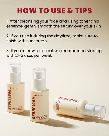 KSECRET | SEOUL 1988 Serum : Retinal Liposome 2% + Black Gingeng, 30ml/1.01fl.oz | 58% Black Gingeng Extract with Retinal, Bakuchiol, Vitamin C & 3 Peptides for Wrinkle Care | Korean Skincare |