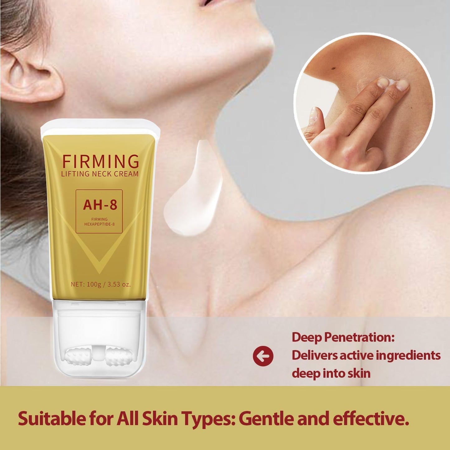 Mtmult AH-8 Firming Neck Cream - Neck Creams for Tightening and Firming - Anti-Aging Cream for Loose Skin with Roller Applicator - Effective for Neck & Body, Lifting Cream for Women & Men (2PC)