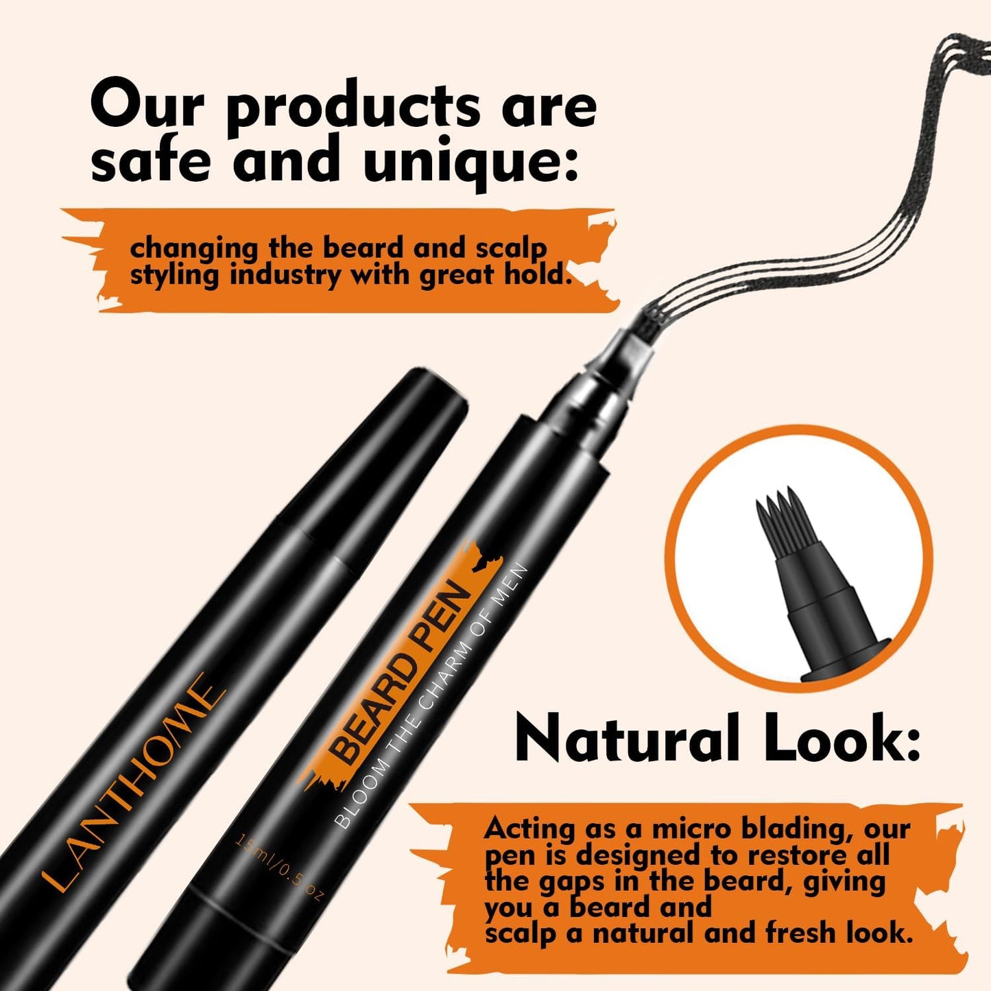 Beard Pencil Filler for Men (Black), Four-fork Tip Beard Styling Pen, Waterproof Sweat Proof Long Lasting Pencil for Men Father Gift