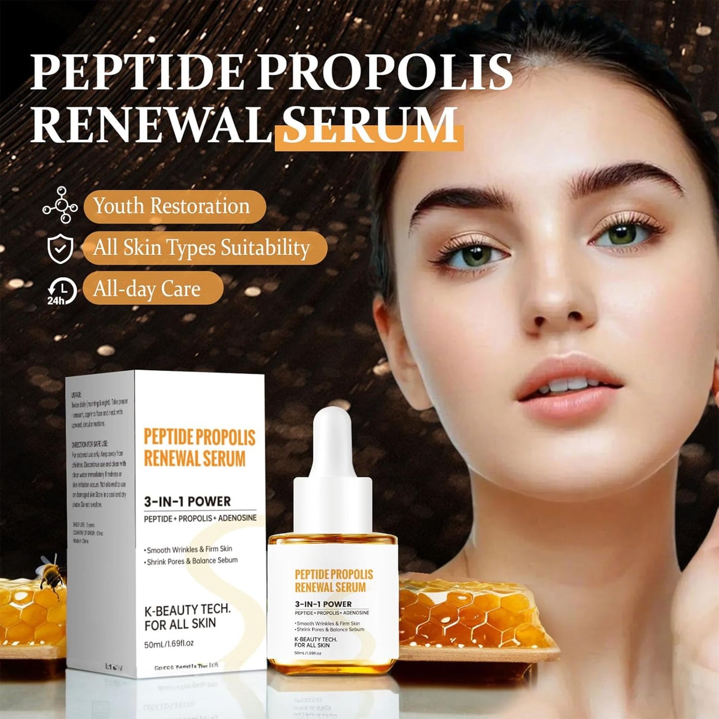 Peptide Propolis Renewal Serum, 2Pcs Peptide Propolis Serum for Face Anti Aging, Reduces Wrinkles & Fine Line, Boosts Skin Elasticity, Deep Moisturizing Nourishing for All Skin Types