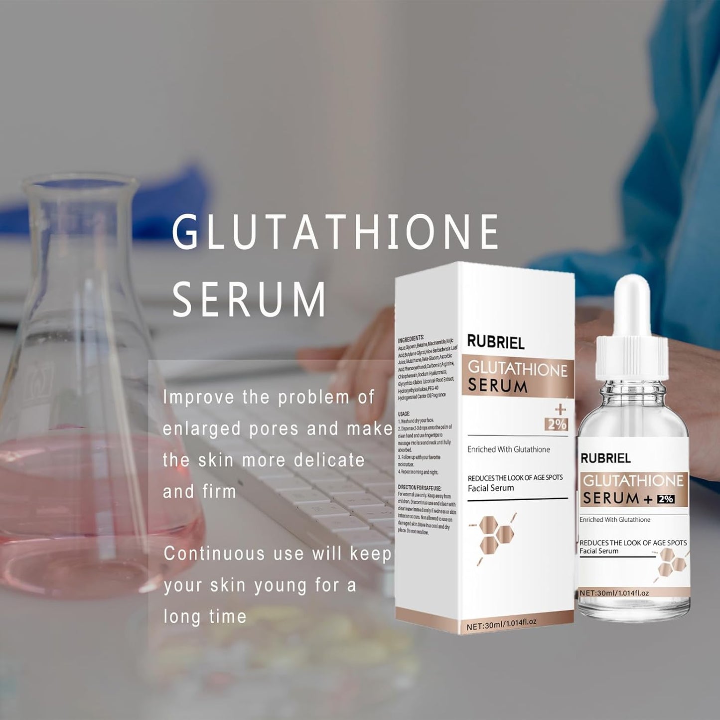 Glutathione Serum,20000ppm Glutathione and Hyaluronic Acid Korean Face Serums for Women Dark Spot Serum Improve Skin Elasticity Reduces Hyperpigmentation,Fine Lines & Wrinkles